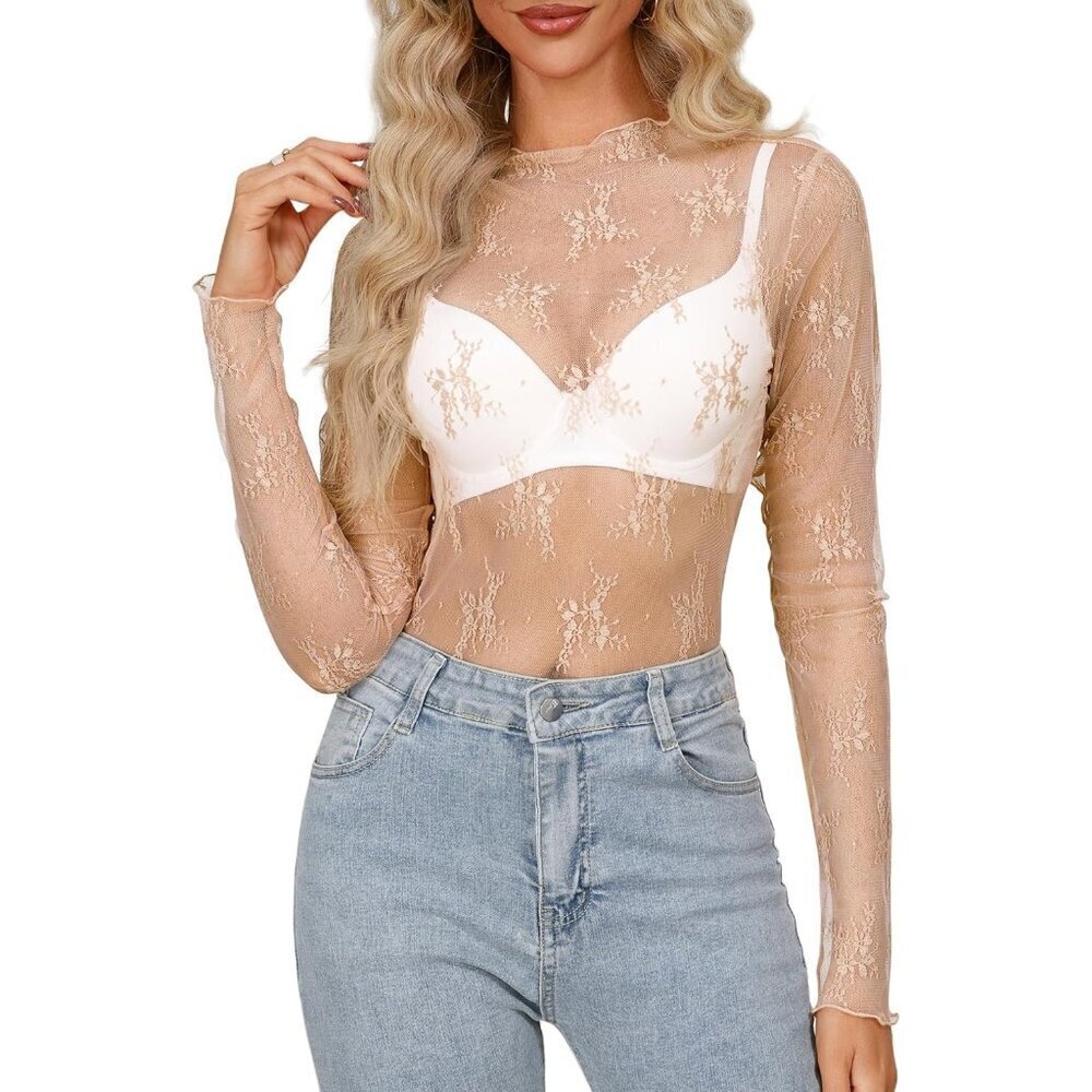 🆕Women’s Beige Polyamide Mesh Sheer Long Sleeve Mock Neck Lace Floral Top
